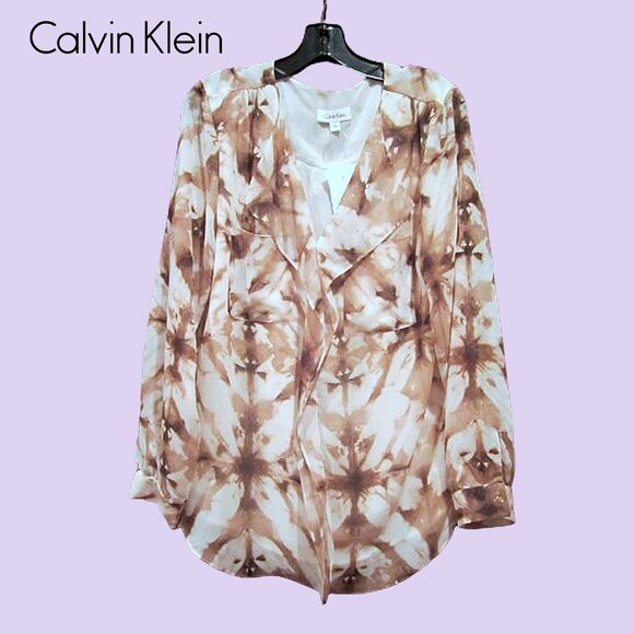 Calvin Klein NEW Abstract Chiffon Semi-Sheer Ruffle Roll-Up Sleeve Blouse L - Picture 1 of 11